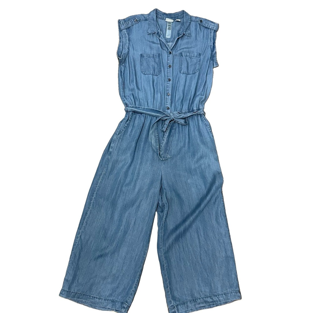 Chicos 1.5 (US 10) Chambray Denim Utility Belted Jumpsuit Cropped Leg Coastal